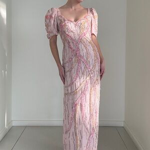 Handmade Beaded Pattern Pink 80s Vintage Formal / Prom Dress, Couture Size Small